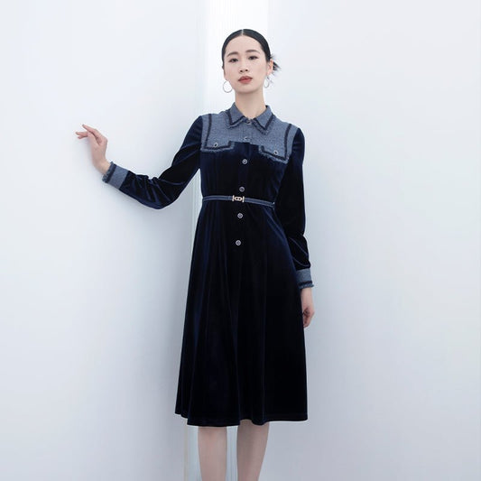 Navy Blue Velvet Slim Midi Dresses - SHIMENG