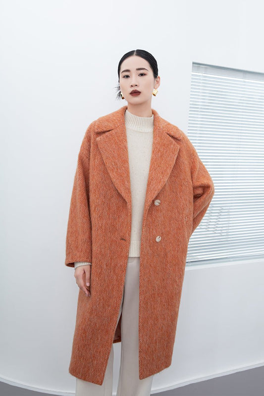 Orange Red Lapel Long Wool Coats - SHIMENG