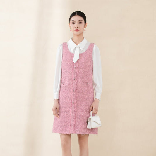 Pink A Shape Strap Tweed Dress - SHIMENG