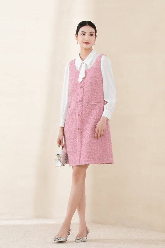 Pink A Shape Strap Tweed Dress - SHIMENG