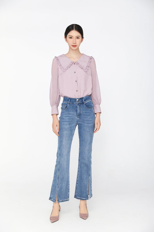 Pink Dotted Lapel Collar Shirt Blouse - SHIMENG