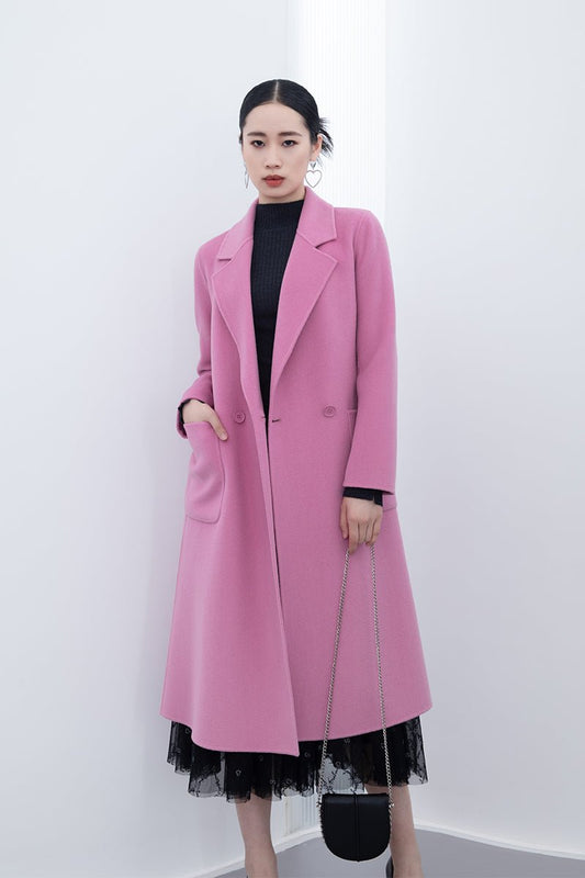 Pink Double Sided Belted Long Overcoats - SHIMENG