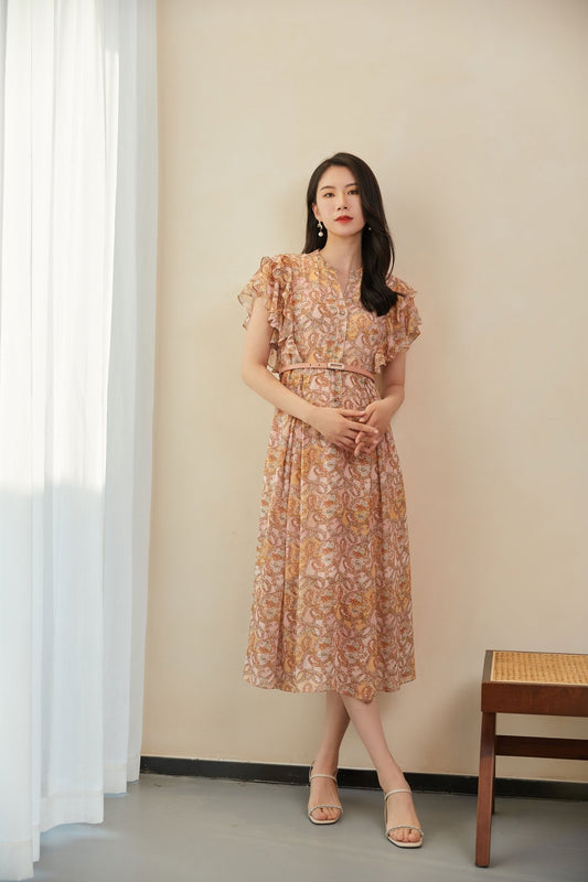 Pink Floral Waist Ruffles Midi Dress - SHIMENG