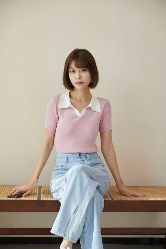 Pink Knitted Short Sleeve T-shirt - SHIMENG