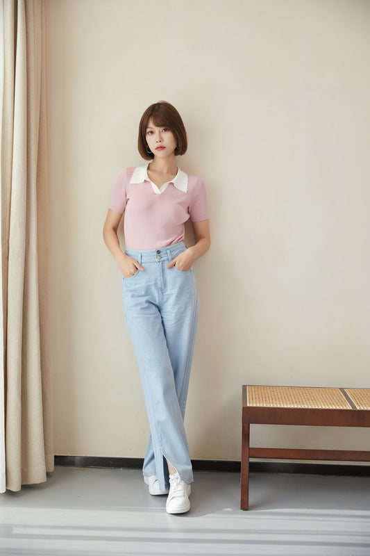 Pink Knitted Short Sleeve T-shirt - SHIMENG