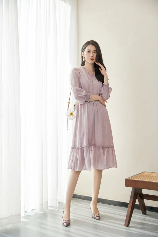Pink Long Sleeve V Neck Print Ruffle Maxi Dress - SHIMENG
