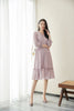 Pink Long Sleeve V Neck Print Ruffle Maxi Dress - SHIMENG