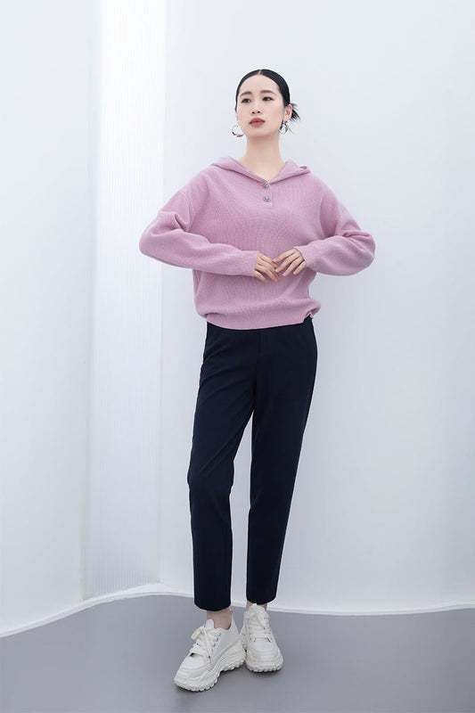 Pink Long Sleeve Wool Hoodie Sweater - SHIMENG