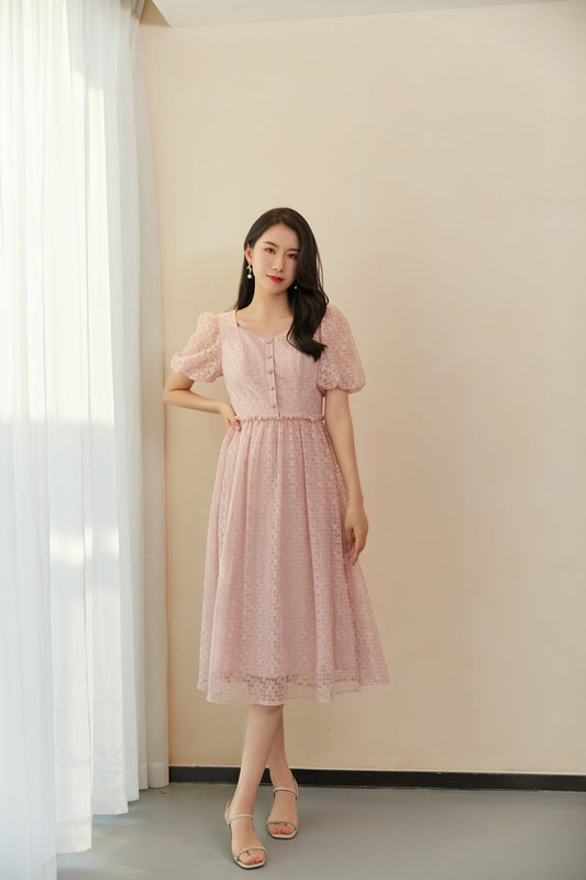 Pink Puff Sleeves Lace Midi Dress - SHIMENG