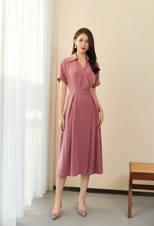 Pink Short Sleeve V Neck Dress - SHIMENG