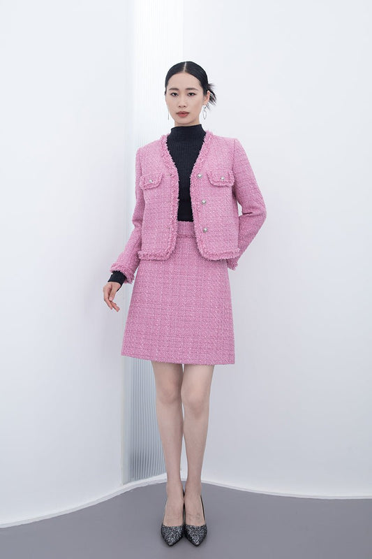 Pink Tweed Midi Skirts - SHIMENG