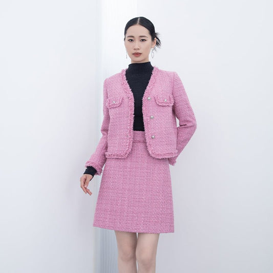 Pink Tweed V Neck Coats - SHIMENG