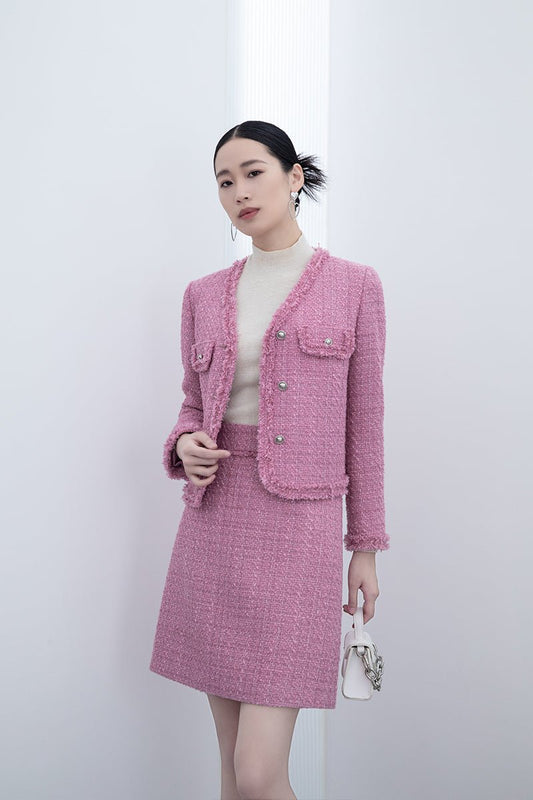 Pink Tweed V Neck Coats - SHIMENG