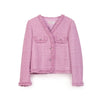 Pink Tweed V Neck Coats - SHIMENG