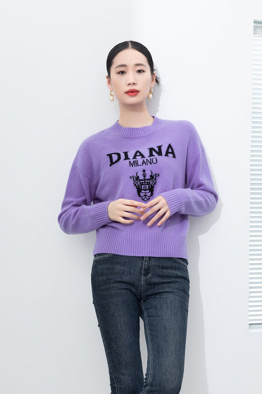 Purple Jacquard Round Neck Sweater - SHIMENG