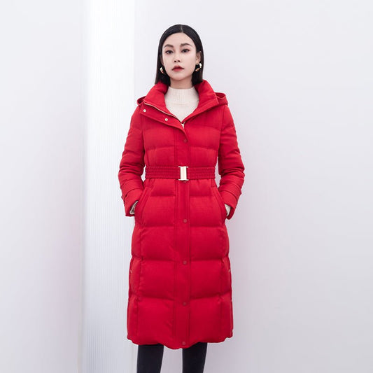 Red Belted Waist Long Slim Down Winter Jacket - SHIMENG