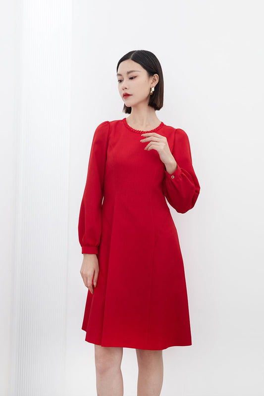 Red Long Sleeve Circle Collar Dresses - SHIMENG