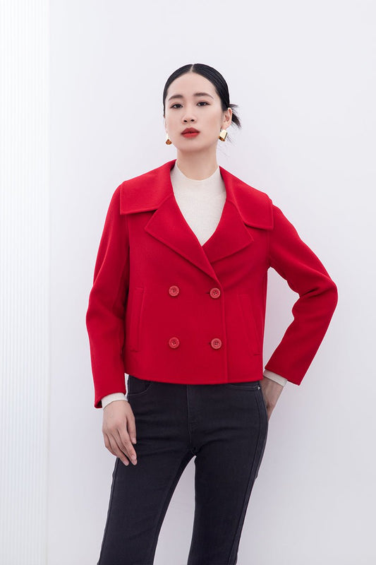 Red Short Big Collar Wool Sea Coats - SHIMENG