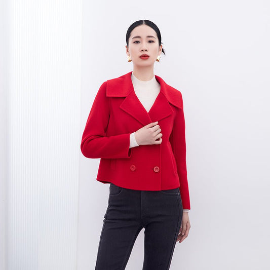 Red Short Big Collar Wool Sea Coats - SHIMENG