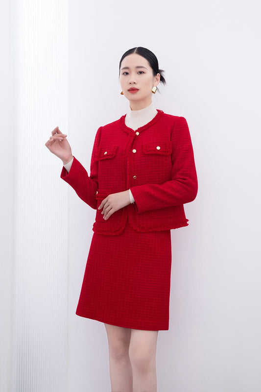 Red Tweed Ruffles Coats - SHIMENG