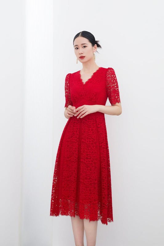 Red V Neck Lace Sleeve Midi Dresses - SHIMENG
