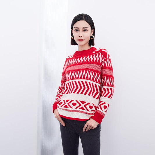 Red & White Jacquard-knit Christmas Wool Sweater - SHIMENG