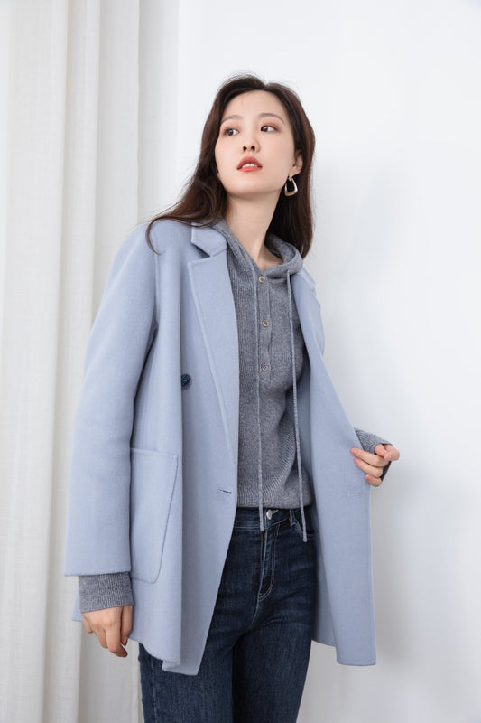 Shadow Blue Double-Breasted Wool Blazer - SHIMENG