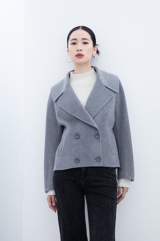 Smoke Grey Large Lapel Double Breasted Overcoats - SHIMENG