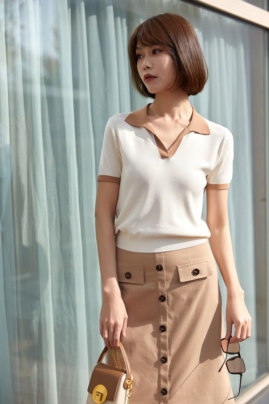 White-Beige Short Sleeve Polo Collar T-shirt - SHIMENG