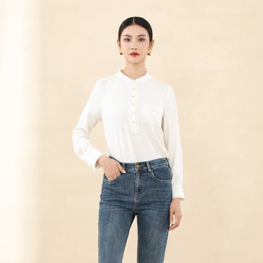 White Circle Collar Pearl Buttons Blouses - SHIMENG