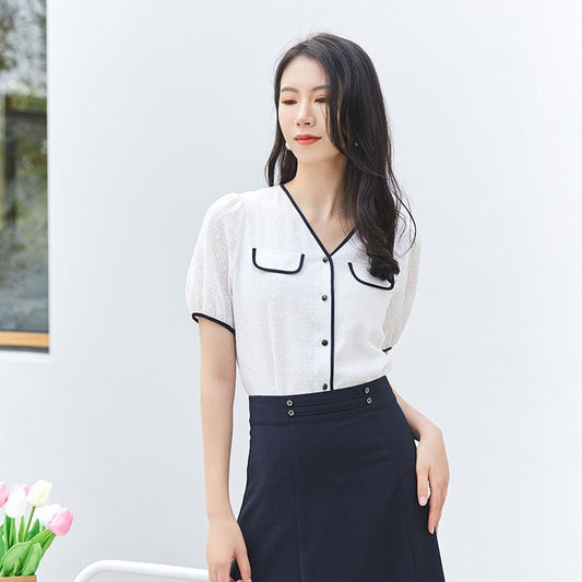 White Contrast Color Short Sleeve Shirt - SHIMENG