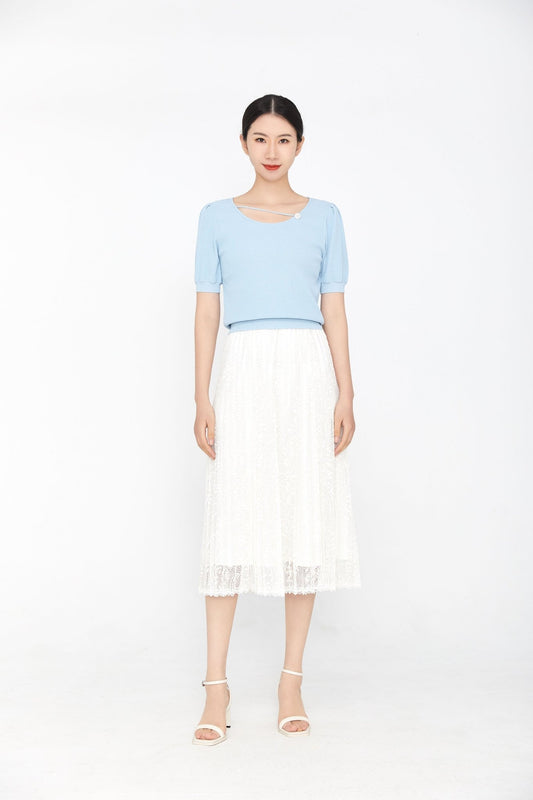 White Lace Pleated Skirt High Waist - SHIMENG