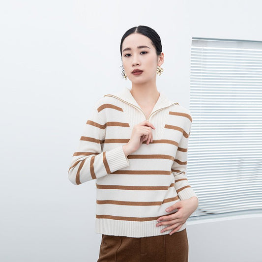White Striped Zip Collar Wool Sweater - SHIMENG