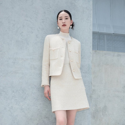 White Tweed Coats With Metal Buttons - SHIMENG
