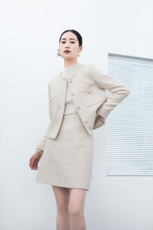 White Tweed Coats With Metal Buttons - SHIMENG