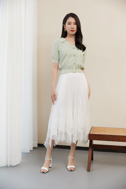 White Waistband Lace Midi Skirt - SHIMENG
